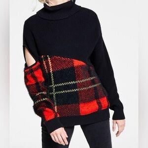 Bar III Plaid Combo Oversized Turtleneck 2 Design Patterns Cut-out Sleeve XL